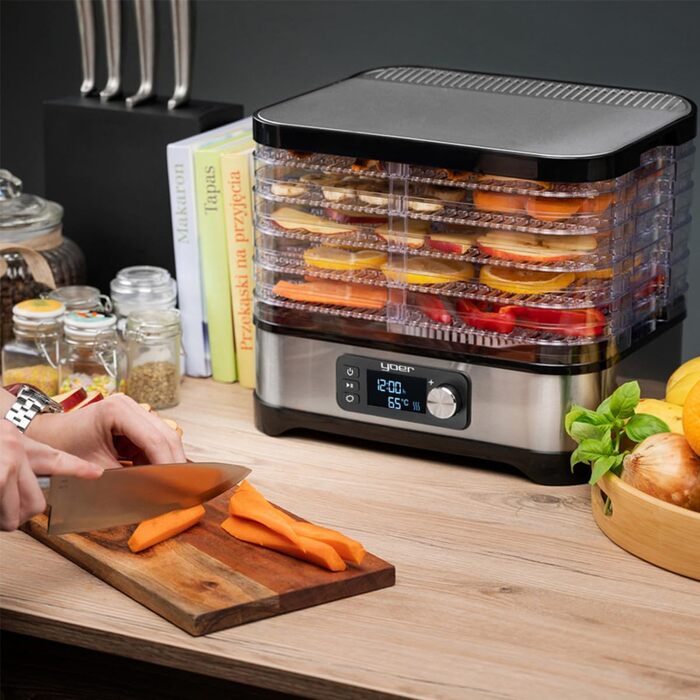 Дегідратор, 450 Вт, 4000 см2, таймер на 24 години, LED-дисплей, нержавіюча сталь INOX, без BPA, модульна конструкція, дегідратор для їжі, грибів, фруктів, м'яса, риби, овочів, 01S