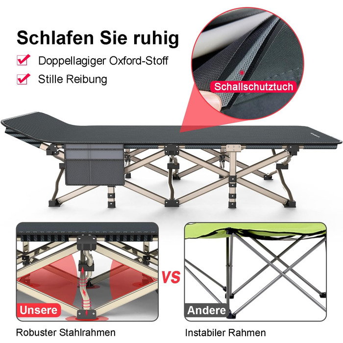 Розкладне ліжко для кемпінгу, розкладне гостьове ліжко до 200 кг, надзвичайно широке розкладне ліжко для використання на свіжому повітрі, в саду та в приміщенні