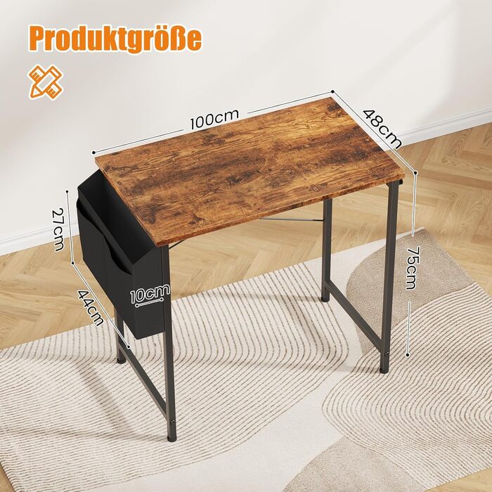 Стіл Flycity 100 x 48 x 75 см, комп'ютерний із сумкою для зберігання, металевий каркас, підходить для вітальні, офісу, кабінету, спальні, вінтажний коричневий