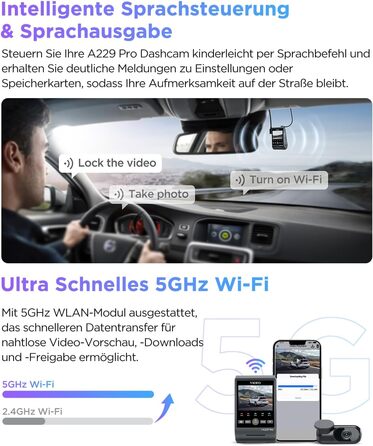 Передній задній відеореєстратор HDR для автомобіля, голосове керування та автомобільна камера Wi-Fi Wi-Fi 5 ГГц, надточний GPS з фільтром CPL, супернічне бачення 2.0, голосовий вихід, до 512 ГБ Макс, 229 Pro 4K 2K Dual STARVIS 2
