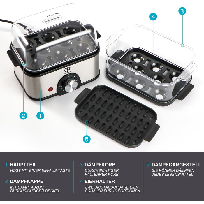 Шарова яйцеварка SUPERLEX з нержавіючої сталі для 16 яєць, електрична пароварка, з налаштуванням часу для налаштування жорсткості, таймер на 60 хвилин, автоматичне відключення для захисту від перегріву, 2-ярусна яйцеварка без BPA, 2-