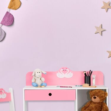 Стіл і стілець Relaxdays для дітей, шухляда і 2 відкритих відділення, мотив лебедя, меблі для дитячої кімнати, рожевий/білий