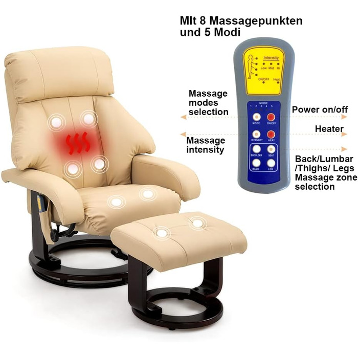 Крісло-реклама Mingone з функцією відкидання, електричне крісло для телевізора з підставкою для ніг, масажне крісло з функцією підігріву, крісло для телевізора для вітальні, поворотне на 360, штучна шкіра, бежевий