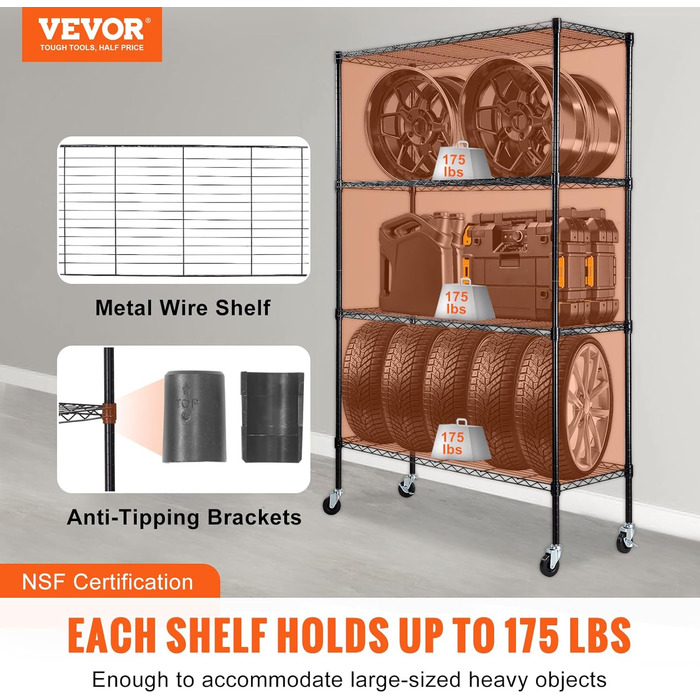 Полиця для зберігання VEVOR з колесами, 4-рівнева регульована, вантажопідйомність 700 фунтів, міцна гаражна полиця, металевий органайзер, дротяна полиця, чорна, 120 x 45 x 188 см для кухні, комори, підвалу, ванної кімнати