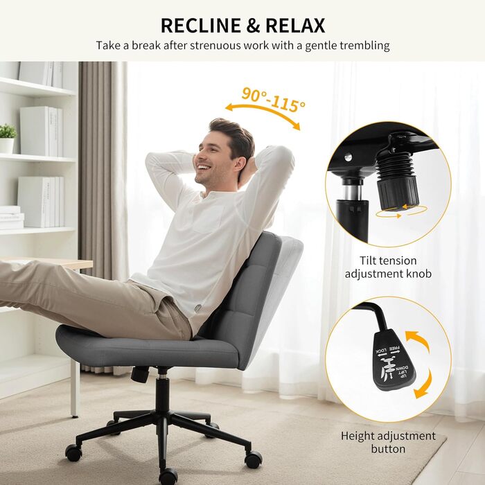 Офісне крісло Clevich без підлокітників, широке крісло з перехресним розташуванням сидіння, ергономічне крісло з регульованою висотою для домашнього офісу, кабінету, макіяжу, спальні (сіре)