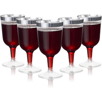 Преміум Елегантні пластикові келихи для вина зі срібним обідком, 180 мл - Багаторазові коктейльні келихи, золоті пластикові келихи