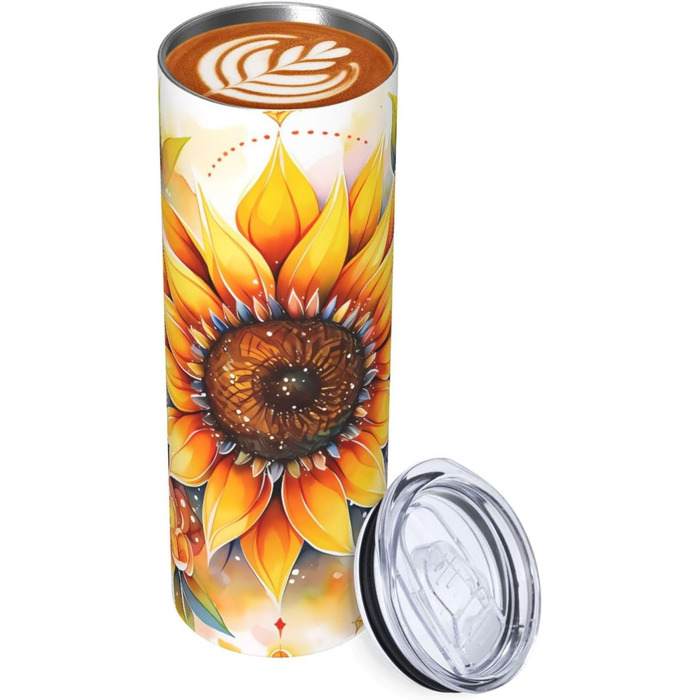 Кухоль з прямою трубочкою, 590 мл, жовтий соняшник, друкований олією, дорожній кухоль, підходить для кемпінгу, офісу та дому