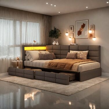 М&39яке ліжко/диван-ліжко 90x200 з 2 шухлядами для зберігання речей, дитяче ліжко 90x200 зі світлодіодним освітленням та зарядною станцією USB, односпальне ліжко з дерев&39яним рейковим каркасом, лляно-сірий (без матраца) лляно-сірий 90x200 см