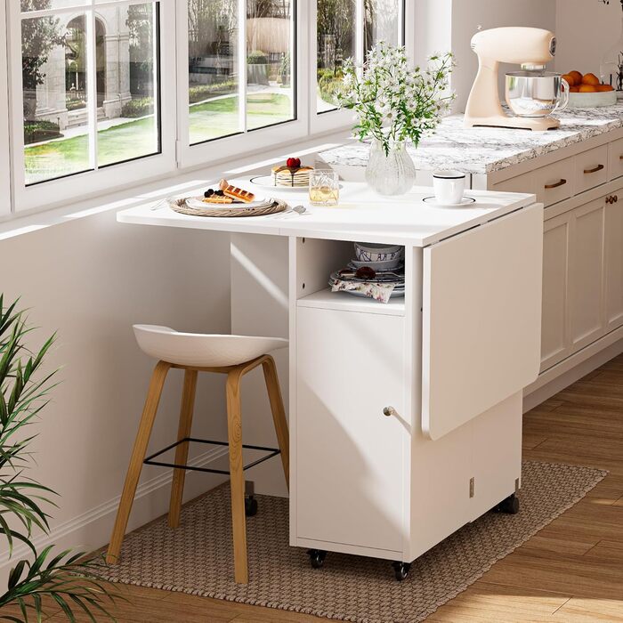 Мобільний розкладний стіл, розкладний обідній стіл на колесах, розкладний стіл з 1 великою шафою та 1 відкритим відділенням, мобільний обідній стіл для невеликих приміщень, їдальня, кухня, 120 x 70 x 78 см, білий, 120x70x78 см, білий