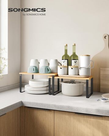 Стійка для спецій, Набір з 4 шт. , Кухонна полиця, Кухонний органайзер, Розширювана, Штабельований тримач для спецій, З металевою рамкою, 19,5 x 29,7 x 15,8 см, Чорнило-чорний - Натуральний бежевий KCS10NB Чорнило-чорний Натуральний бежевий 29,7B см