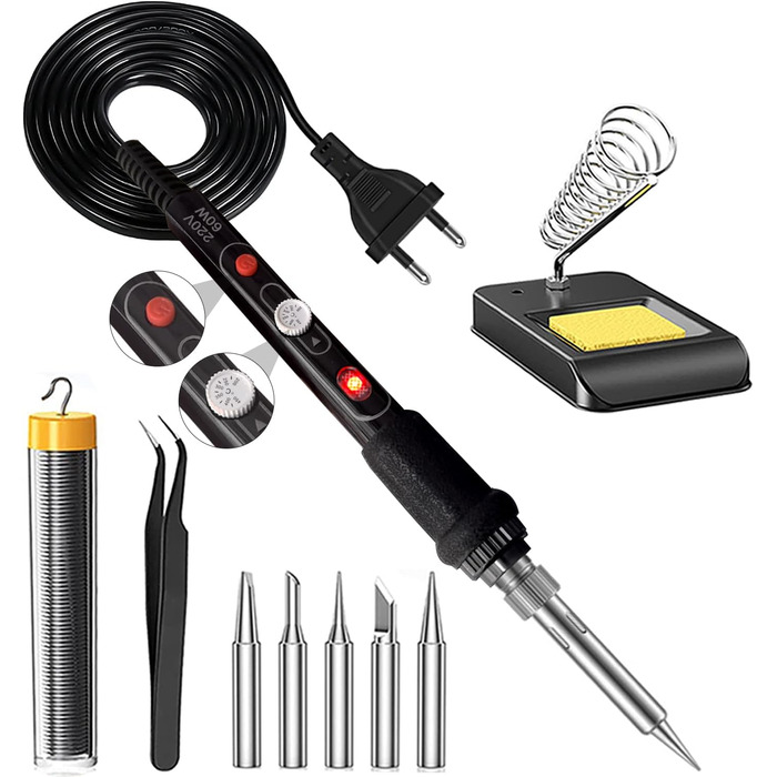 Набір паяльників, паяльник 60 Вт з вимикачем 200-450C, регульована ручка температури, 5 жал, вигнутий пінцет, паяльний дріт, підст