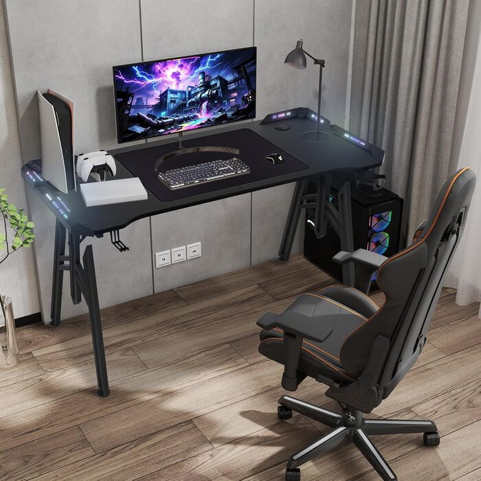 Письмовий стіл 120x60x73 см, комп&39ютерний стіл з ніжками, великий ігровий стіл, кутовий стіл для ПК, для дому, ігровий, чорний, без підставки для монітора, зі світлодіодним підсвічуванням 120 см