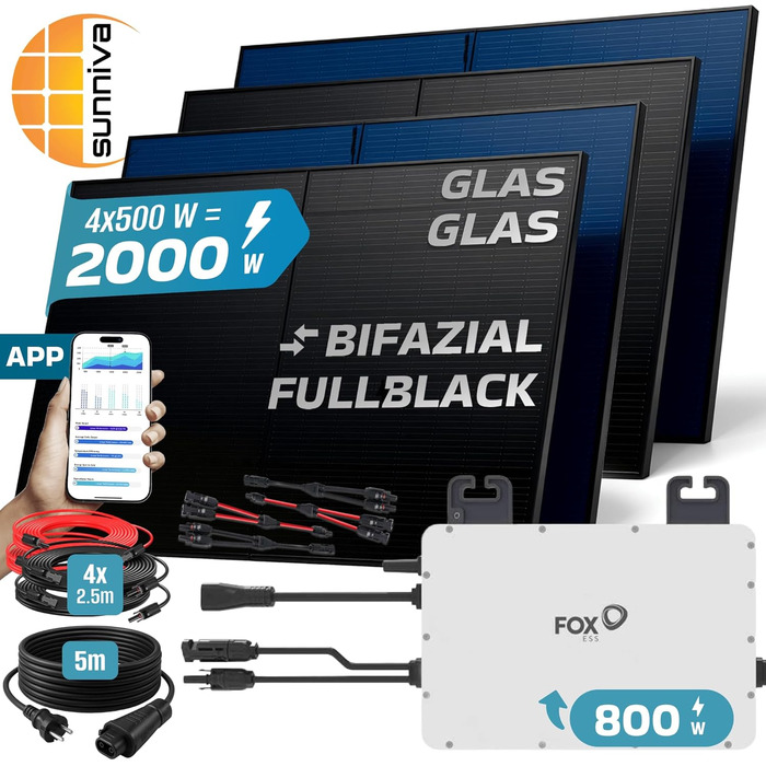 Двофазна балконна електростанція SUNNIVA 2000 Вт, повністю чорна, з розеткою, інвертор FOXESS 800 Вт, фотоелектрична сонячна система, 4 сонячні модулі зі скла по 500 Вт, включаючи кабель 5 м, Bluetooth WIFI, повний комплект