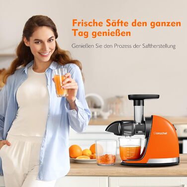 Переможець тесту овочів та фруктів на соковижималку AMZCHEF - Соковижималка Повільна соковижималка з функцією зворотного жування - Ніжне подрібнення без фільтрації - Електрична соковижималка зі щіткою та 2 чашками - Яскравий помаранчевий