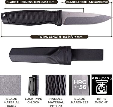 Ніж Ganzo G806-BK з фіксованим лезом, клинок з нержавіючої сталі 8CR14, ергономічна нековзна рукоятка, для кемпінгу, полювання, ри