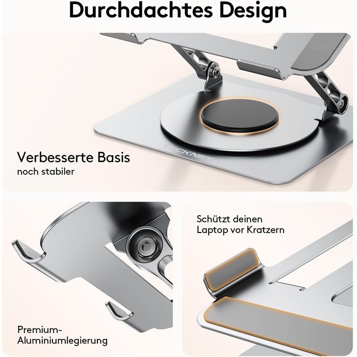 Стійка для ноутбука TECKNET регульована по висоті, ергономічна та складна, з алюмінію. Надійна підставка для ноутбука, сумісна з MacBook Air/Pro, Dell до 17,3 дюймів - срібляста