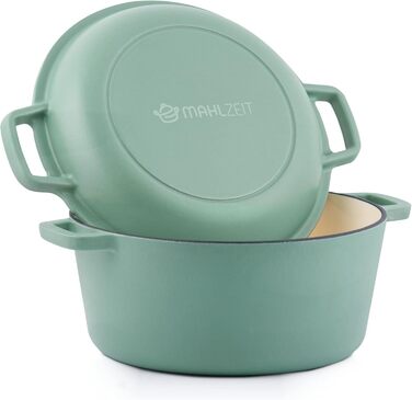 Чавунна емальована каструля Mahlzeit 6,9 л м'ятна, кругла чавунна каструля з кришкою та 2 ручками традиційна чавунна каструля, ема