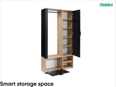 Шафа для передпокою з дзеркалом - Гардеробна шафа - Вузька шафа для передпокою - Комплект меблів для передпокою - Висока шафа для передпокою - Мілано - 100x33x190 см П/Л - Дуб Артісан/Чорний