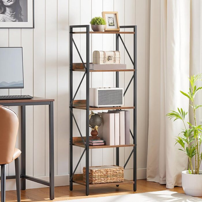 Книжкова полиця HOOBRO, стояча полиця, полиця-драбина, окремостояча вузька полиця, офісна полиця, 5 ярусів, відкриті полиці, для вітальні, спальні, офісу, кухні, рустикальний коричневий та чорний EBF73SJ01 42 x 28 x 132 см Рустикальний коричневий чорний