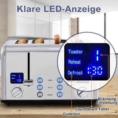 Тостер на 4 скибочки, тостер CUSIMAX з нержавіючої сталі зі світлодіодним дисплеєм та 4 надзвичайно широкими слотами для тостів, 2