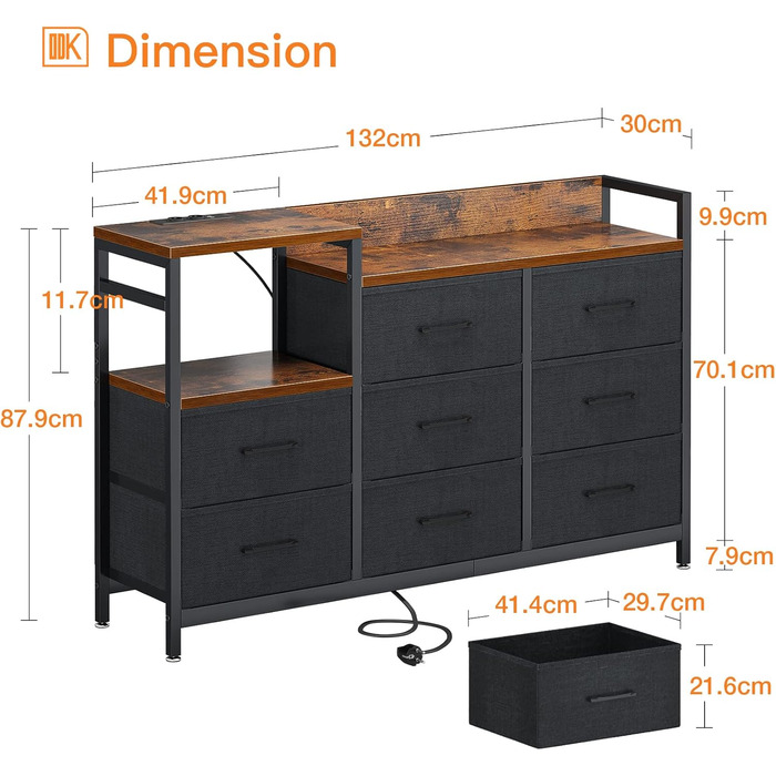 Комод ODK з висувними шухлядами, 2 порти USB та 2 порти змінного струму, 8 тканинних шухляд - підходить для багатофункціонального зберігання речей у спальнях та вітальнях, 132 * 30 * 88 см, вінтажний та чорний