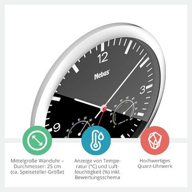 Кварцовий настінний годинник Mebus з термометром і гігрометром / срібна рамка / чорний циферблат / діаметр 25 см / круглий / модел