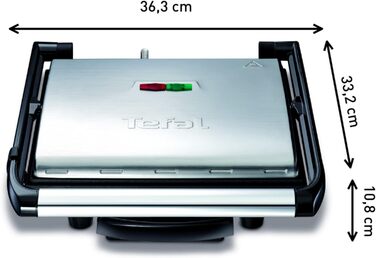 Контактний гриль Tefal Inicio GC241D Електричний гриль/бутербродниця Гриль з низьким вмістом жиру Паніні, Тости, Стейк, Овочі Пластини для гриля з антипригарним покриттям 2000 Вт 36,3x10,8x33,2 см Нержавіюча сталь/чорний єдиний стандарт