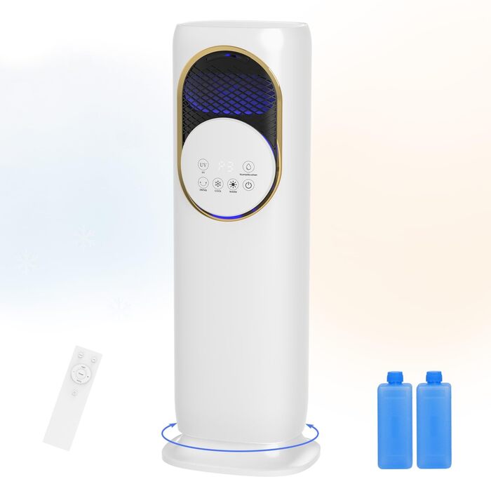 Вентилятор з обігрівачем та охолоджувачем повітря, вентилятор 2-в-1 для обігріву та охолодження та зволожувач повітря, портативний кондиціонер, електричний керамічний PTC, резервуар для води 4 л, 3 швидкості обдуву, електричний обігрівач (білий-01)