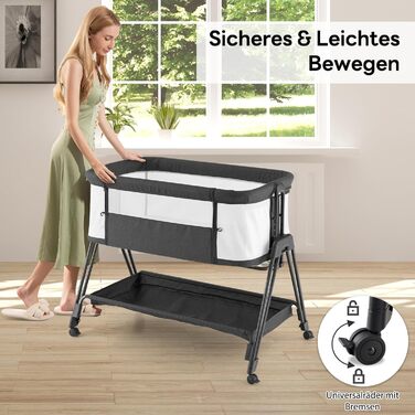 Дитяче ліжечко DREAMADE, 7-рівневе регульоване по висоті дорожнє ліжечко з матрацом та колесами, складне дитяче ліжечко з регульованим кутом нахилу, для дітей 0-6 місяців та вагою до 9 кг (темно-сіре)