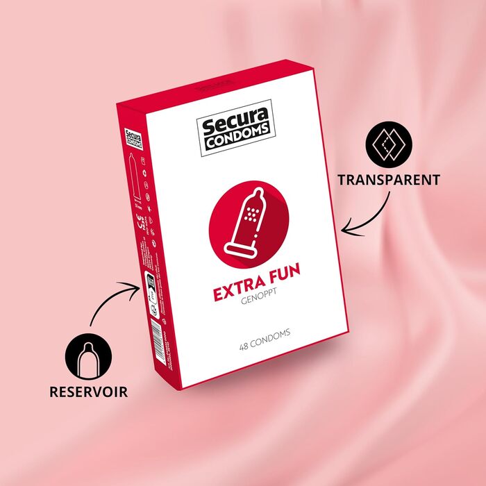 Презервативи Secura Extra Fun, упаковка з 48 шт. - 48 презервативів з шипами для безгормональної контрацепції для чоловіків, з шипами для посилення стимуляції, 48 шт. (1 упаковка)