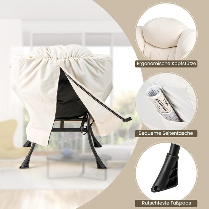 Крісло COSTWAY з підставкою для ніг, відкидне крісло з підлокітниками, бічною кишенею та підставкою для ніг, крісло для відпочинку, крісло для телевізора, крісло з відкидною спинкою для вітальні, спальні, офісу (бежевий) бежевий з підставкою для ніг