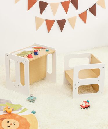 Комплект столу та стільців Yorbay для дітей, Дитячий стіл з 1 стільцем, Комплект дитячих сидінь 3-в-1 - Двосторонній стілець та дитяча лавка, що трансформується в робочу станцію, Дитячі меблі (Натуральний, M) Натуральний середній