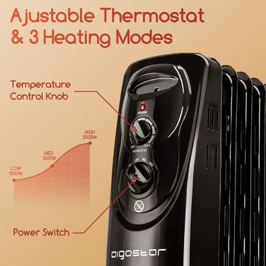 Масляний радіатор Aigostar потужністю 2500 Вт з 13 ребрами, мобільний електричний обігрівач, енергозберігаючий, портативний масляний обігрівач, 3 режими нагріву, термостат, захист від перекидання та перегріву, чорний