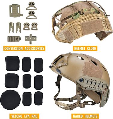 Тактичний шолом для пейнтболу з пневматичною зброєю та швидким захватом з чохлом, боковими рейками та кріпленням для ПНВ, використовується для спорту на свіжому повітрі, полювання та стрільби, захисне спорядження TAN 22&39-26&39