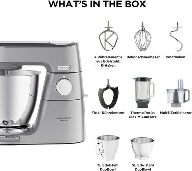 Кухонний комбайн з вбудованою шкалою та 2 чашами для змішування, 1200 Вт, в т.ч. набір кондитерських виробів з 4 предметів, насадка для скляного блендера та подрібнювач, срібло Titanium Chef Baker XL Silver, 85.424SI -