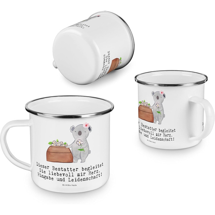 Емальована кемпінгова кружка &quotМістер і місіс Панда&quot з сердечком трунаря - подарунок, келих для відпочинку на природі, келих з нержавіючої сталі для пиття, металевий келих, кемпінговий келих, компанія, білий емальований кемпінговий келих