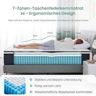 Матрац SZsuilong 90x200, висота 30 см, пружинний блок Pocket Spring, 7-зонна жорсткість H3 H4 з піною з ефектом пам&39яті, комфортний пружинний матрац, ергономічний, 100 ночей для пробного сну, середньої жорсткості - 30 см, 90x200x30 см