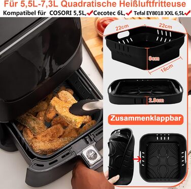 Силіконова форма 22 см для фритюрниці, аксесуари для фритюрниці 2 шт. Силіконова форма для випічки XXL для COSORI 5.5 л, Cecotec 6 л, Tefal EY8018 6.5 л багаторазова замість паперу для випічки аксесуари для фритюрниці чорний