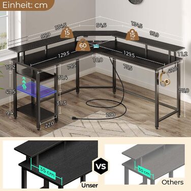 Г-подібний стіл Rolanstar з RGB-світлодіодним підсвічуванням та розетками, комп&39ютерний стіл 135 см з підставкою для монітора та місцем для зберігання, кутовий стіл з двома гачками, ідеально підходить для кабінету, спальні, офісу, 134,5 x 134,5 x 86,2 с