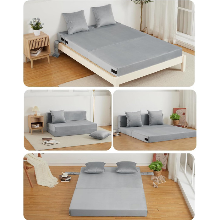 Диван-ліжко HAUSPROFI з оксамитовою оббивкою та 2 подушками, знімний чохол, який можна прати, розкладний матрац з високоеластичною PU губкою, спальна зона 140 см x 200 см (сірий)