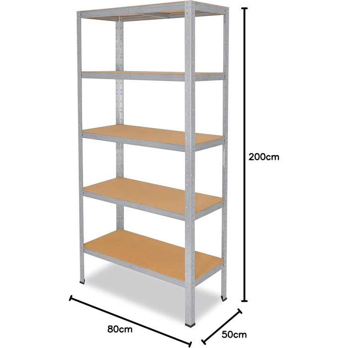 Міцний домашній стелаж, оцинкований/металевий стелаж з 5 полицями/металевий стелаж для підвалу, гаражний стелаж, стелаж для майстерні або стелаж для зберігання/навісний стелаж, металевий, вантажопідйомністю 175 кг, В 200 см / Ш 80 см / Г 50 см, 200x80x50