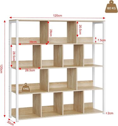 Окремостояча полиця eSituro, 4-ярусна книжкова шафа, полиця для зберігання, кухонна полиця, кутова полиця, окремостояча полиця з пристроєм проти перекидання, виготовлена з металу, 120x30x120 см, світлий дуб білий