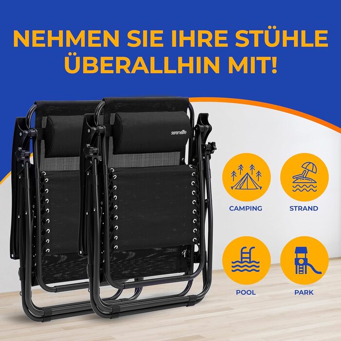 Комплект із 2 шезлонгів SereneLife, чорний складні шезлонги для відпочинку з невагомістю, водонепроникні та складні, ідеально підходять для саду, балкону та кемпінгу