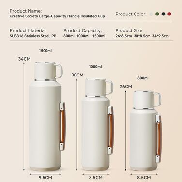 Термос Simcat 1000 мл, нержавіюча сталь 316, пляшка для пиття з нержавіючої сталі (зберігає напої протягом 24 годин), термокружка, ізольована кружка, ізольована пляшка з чашкою, окрема камера для чаю (чорний, 1000 мл) 1000 мл чорний
