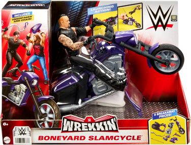 Транспортний засіб Mattel WWE WREKKIN SLAMCYCLE та фігурка Undertaker - мотоцикл Boneyard Slamcycle з 8 деталями, що розпадаються на частини, включаючи фігурку WWE Undertaker, ланцюговий підйомник та пусковий механізм з катапультованим сидінням, HTR84