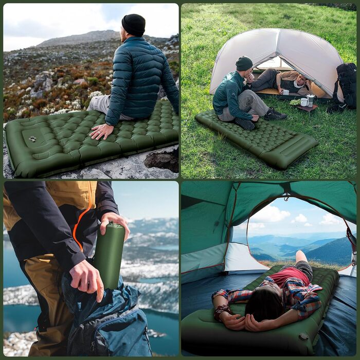 Килимок для сну NAPASA, потовщений надувний матрац 14 см із вбудованим насосом для ніг та подушкою, водонепроникний, килимок для сну з анти-ріпстопом для походів, пляжу, подорожей, намету (зелений) 2 шт., латково-синій
