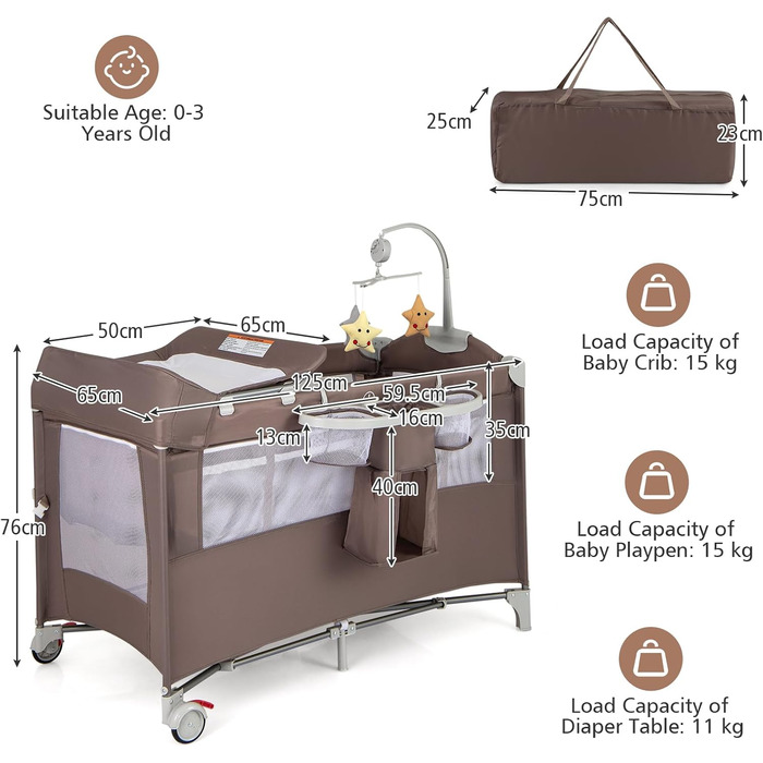 Складане дитяче ліжечко LIFEZEAL з пеленальний столик, дорожнє ліжечко з ігровою аркою та музичними дзвіночками, мобільне дитяче дорожнє ліжечко з сумкою для зберігання, для немовлят 0-36 місяців (коричневе)