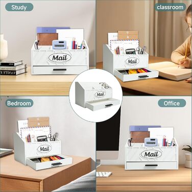 Дерев&39яний настільний органайзер для пошти, робочий органайзер для пошти з 6 відділеннями та шухлядою для офісу, школи, рахунків та документів, білий дерев&39яний настільний органайзер