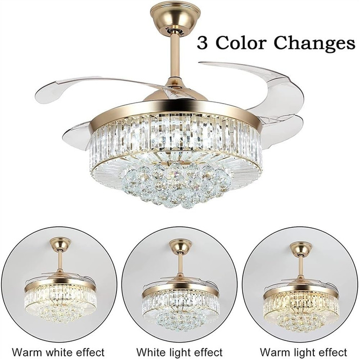 Безшумний стельовий вентилятор Кришталевий стельовий вентилятор з підсвічуванням Регульований, безшумний вентилятор з 6 швидкостям