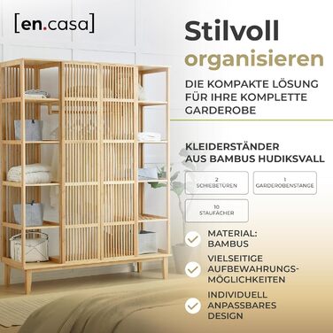 Вішалка для одягу Hudiksvall з рейкою для одягу, 2 двері, підставка для шафи, полиця для взуття, стояча шафа, 185 x 140 x 45 см, бамбукова шафа